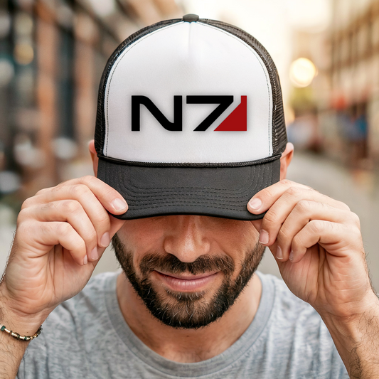 Mass Effect N7 Trucker Hat – Gaming Mesh Cap, Sci-Fi Cosplay Accessory, Video Game Fan Gift